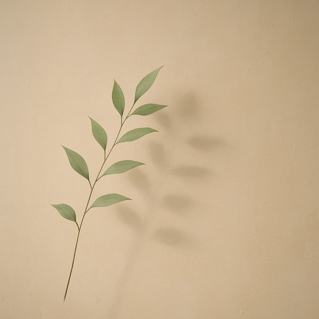 Rama con hojas proyectando sombras suaves sobre una pared cálida